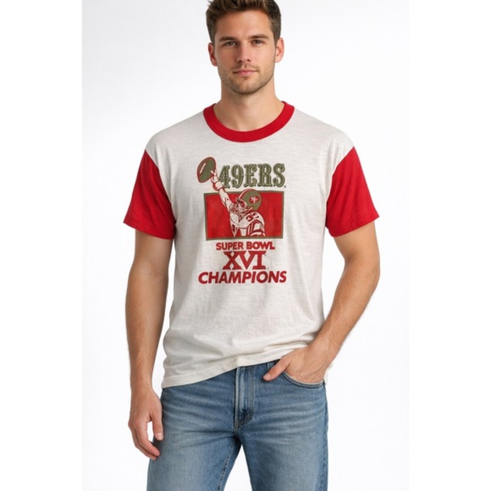 Vintage 1982 San Francisco 49ers Super Bowl XVI Champions Ringer‎ Tee Trench M